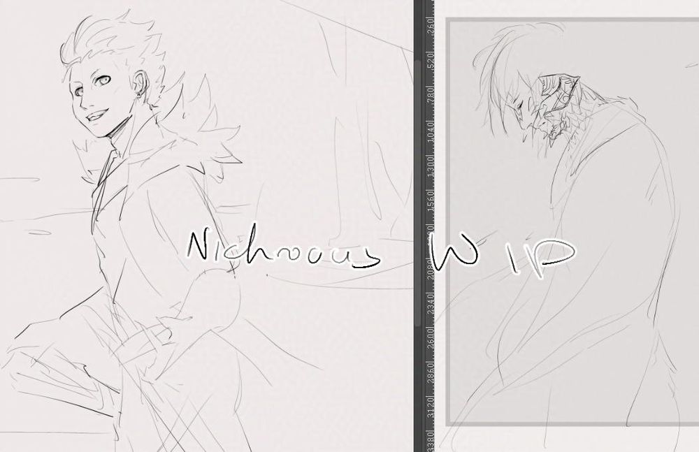 Two digital sketches side by side with "Nichroous WIP" scrawled across them. Left picture vaguely depicts a man with short wild hair and furred collar, a confident and mischievous expression, one hand resting on a pair of swords, and the other hand inviting the viewer... to a challenge? The right image is of a Xaela with head bowed, wind blown from behind.