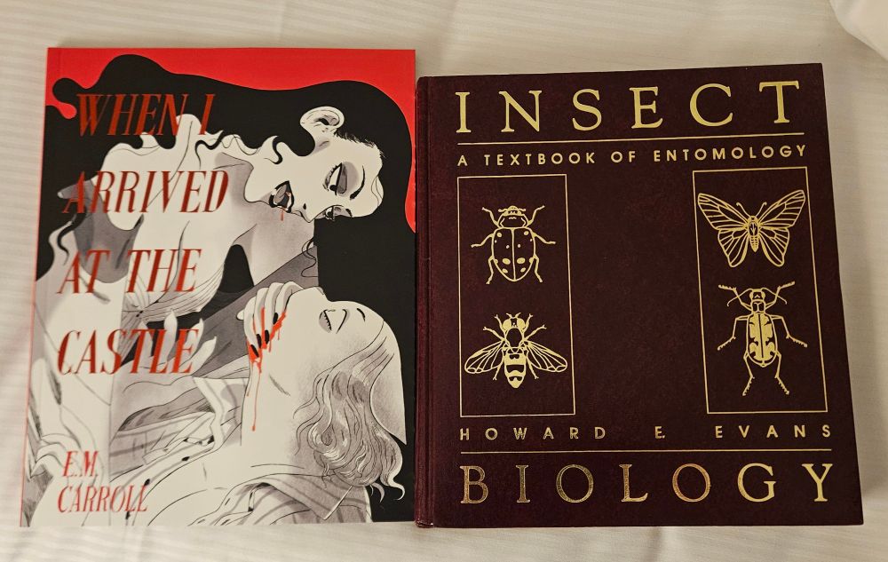 Two books photographed side by side. On the left is a lesbian vampire horror graphic novel titled "When I arrived at the castle" by E M Carroll, while on the right is a texboox titled "Insect Biology: A textbook of entomology" by Howard E Evans. 