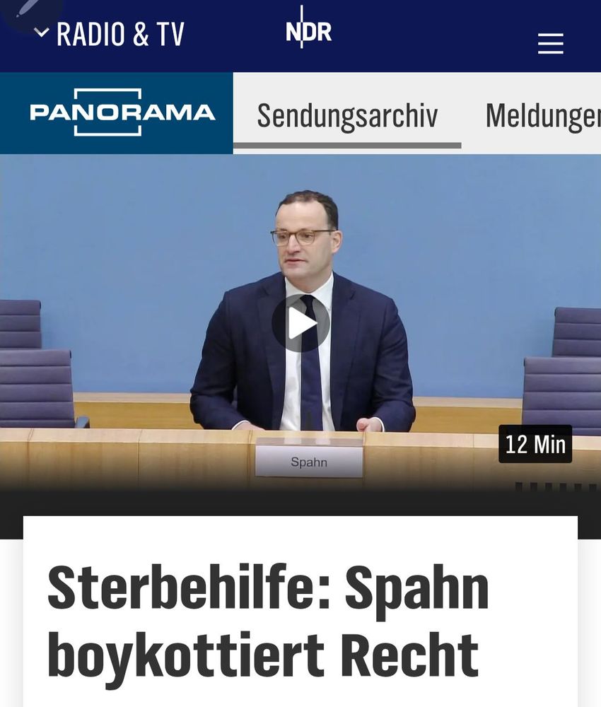 Screenshot Homepage NDR Panorama, Jens Spahn auf einer PK. Schlagzeile darunter: "Sterbehilfe: Spahn boykottiert Recht"