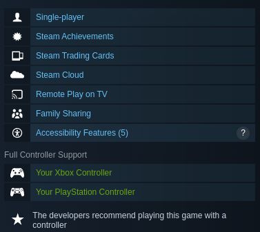 controller and steam related feature list for silksong, the controllers are highlighted green