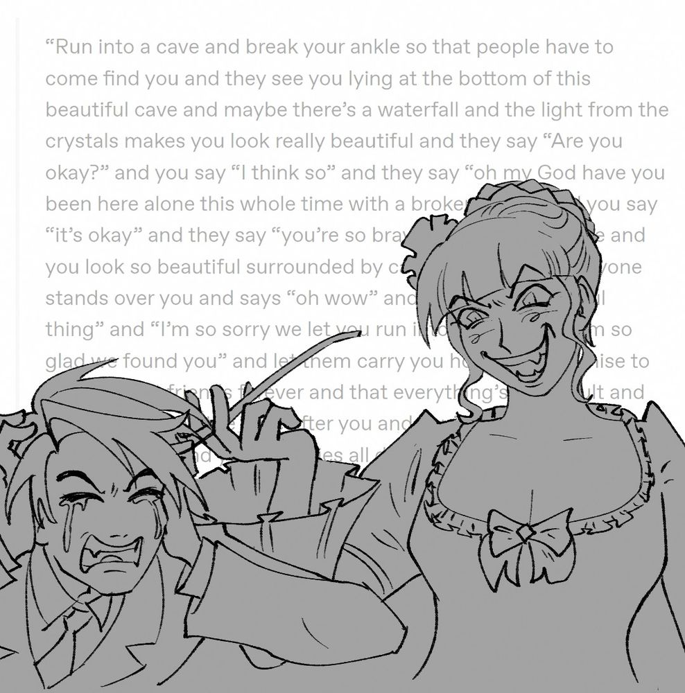 drawing of a brightly smiling battler under a text post by tumblr user tenorgender that reads, "bitches hate me for my earnest whimsy and pathological degree of avoidant behavior." in the background, ange is grimacing and shedding tears, and beatrice is also making her smiling while holding back tears sprite face. famously from episode 4