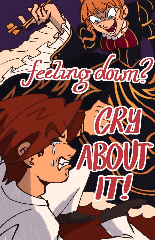 cackling and making an evil expression, beatrice looms menacingly over battler, who is on the floor crying. the motivational poster reads, "feeling down? cry about it!"