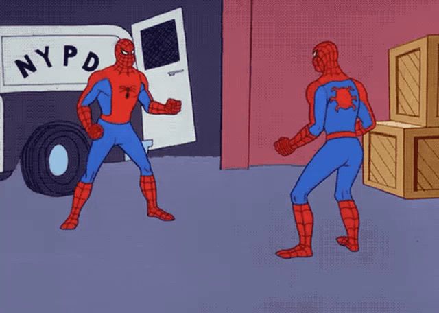 a cartoon of two spidermans standing in front of a nypd van