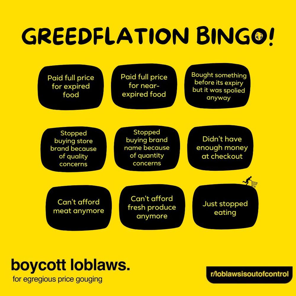 A bingo card titled "Greedflation Bingo!" with phrases like "Paid full price for expired food," "Stopped buying store brand because of quality concerns," and "Can't afford meat anymore." The card also includes the phrase "Boycott Loblaws" and a link to the subreddit r/loblawsisoutofcontrol.