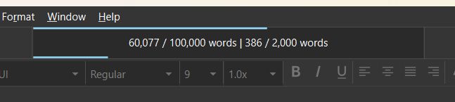 A screenshot from Scrivener, reading 60,077 words out of a 100,000 word goal. 386 words written today, out of a 2,000 word goal.