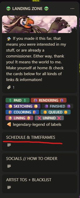 A screenshot of a category of the artists's trello page. A card labelled SCHEDULE AND TIMEFRAMES has the words underlined in red