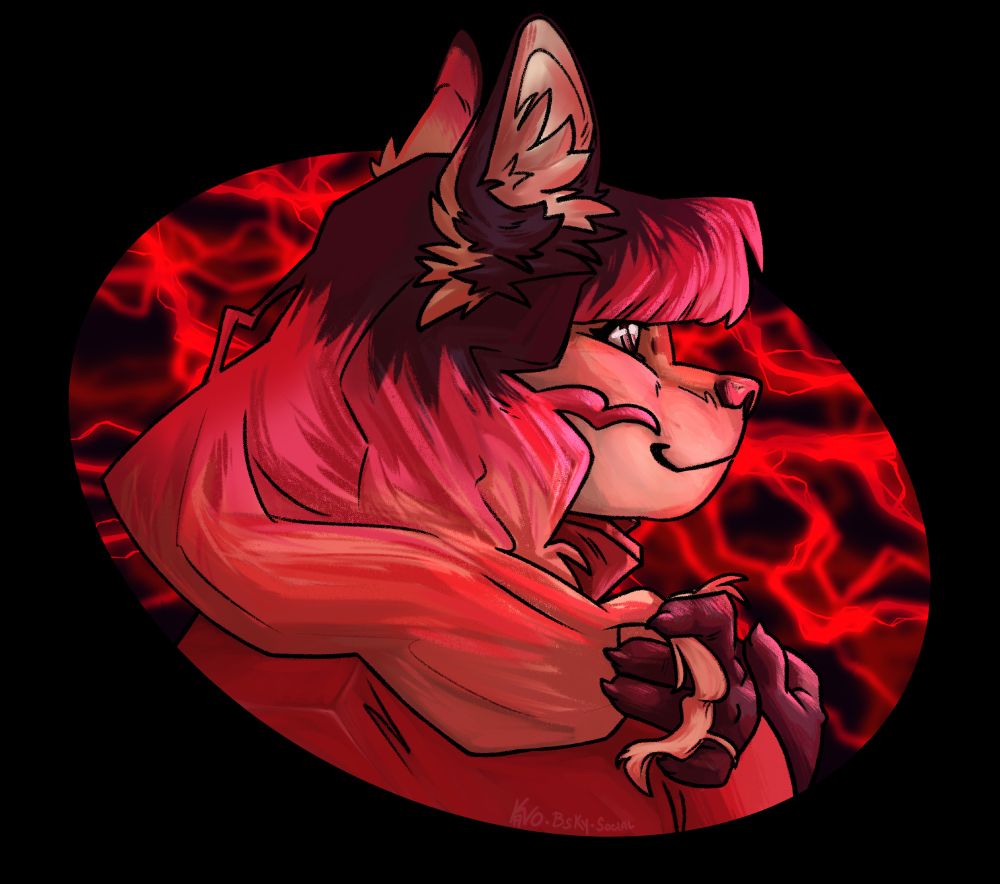 An anthro fox facing to the right, drawn from the shoulders up. The palette is a blend of pinks oranges and reds and is a homage to the palette used in Cult of the Lamb. The bust is cropped out using an oval around the character with red lightning within, but this time with a transparent background