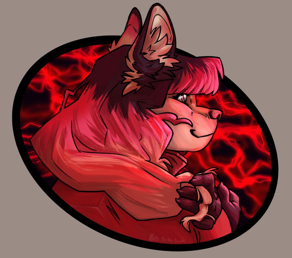 An anthro fox facing to the right, drawn from the shoulders up. The palette is a blend of pinks oranges and reds and is a homage to the palette used in Cult of the Lamb. The bust is cropped out using an oval around the character with red lightning within, all over a tan-grey background