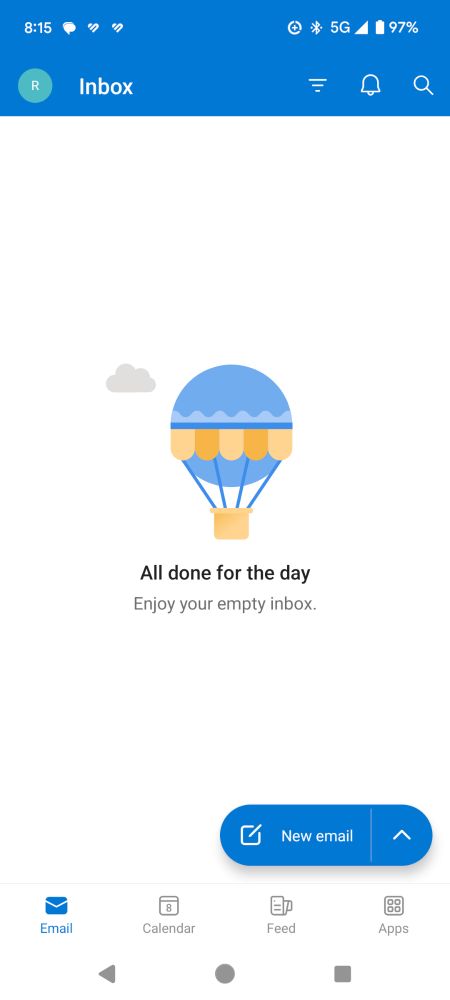 Screen shot of the Outlook mobile app showing a hot air balloon on a blank screen and the text 'all done for the day, enjoy your empty inbox' 