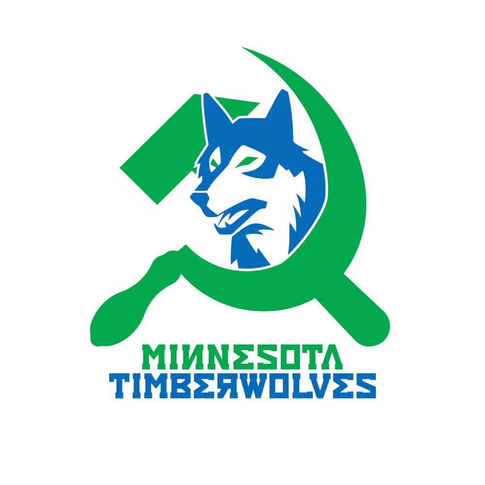 Minnesota timerwolves logo with a hammer and sickle superimposed on it