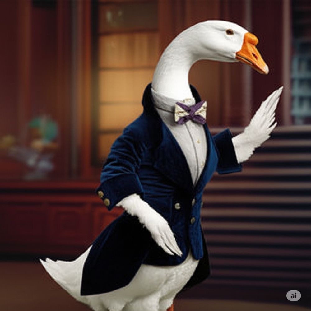 Gander in a blue velvet tuxedo.