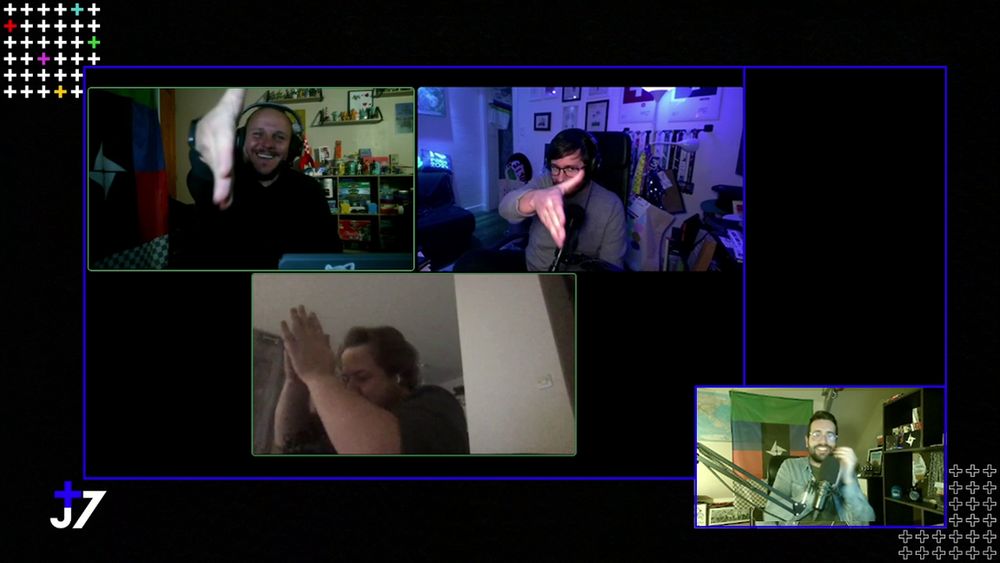 Capture du Twitch de J+7 où Arnaud et Bastien se serrent la main, tandis que Gautier et Alex font le clap clap de Bonjour