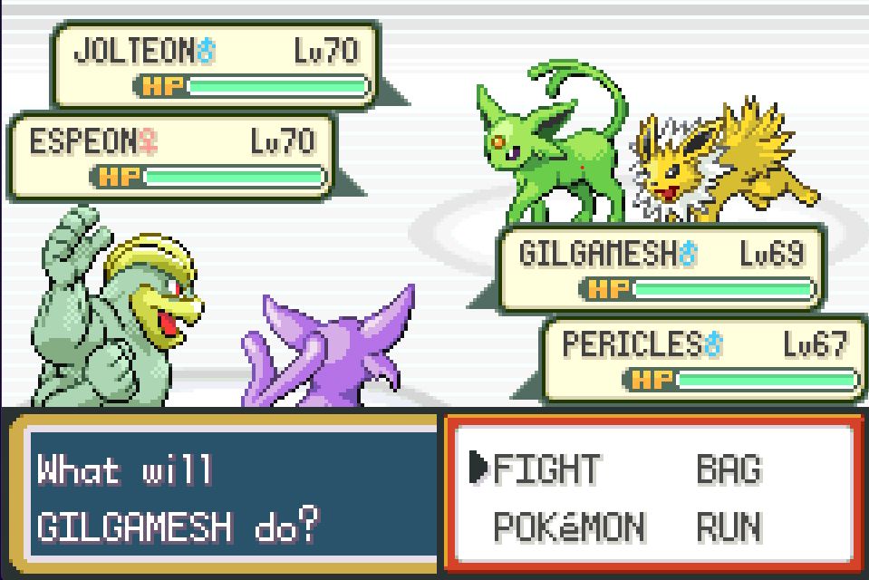 A screenshot of Drayano's "Pokemon Fire Red Omega" ROMhack where, during a double battle, a trainer has sent out the duo of Jolteon and Umbreon. The Umbreon is a full-odds shiny - though due to the nature of it being a trainer's Pokemon, impossible to catch.