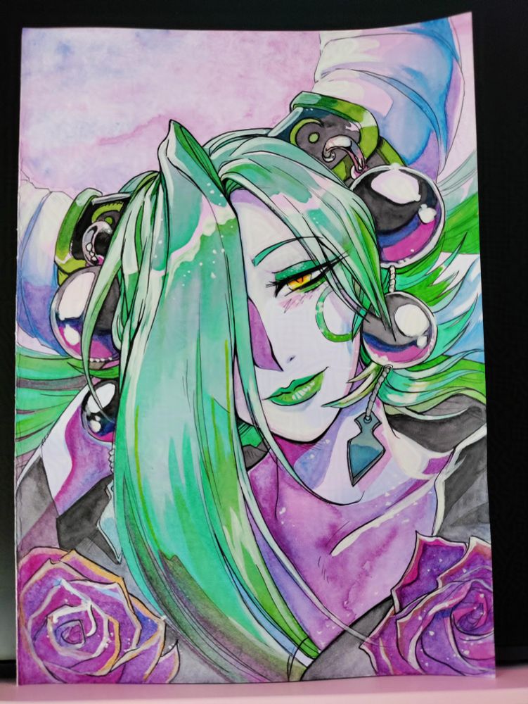 A watercolour painting on paper of my OC Meio Dia smiling gently at the viewer.
