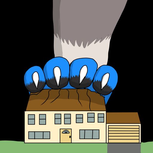 Big wolf stepping on a house.
