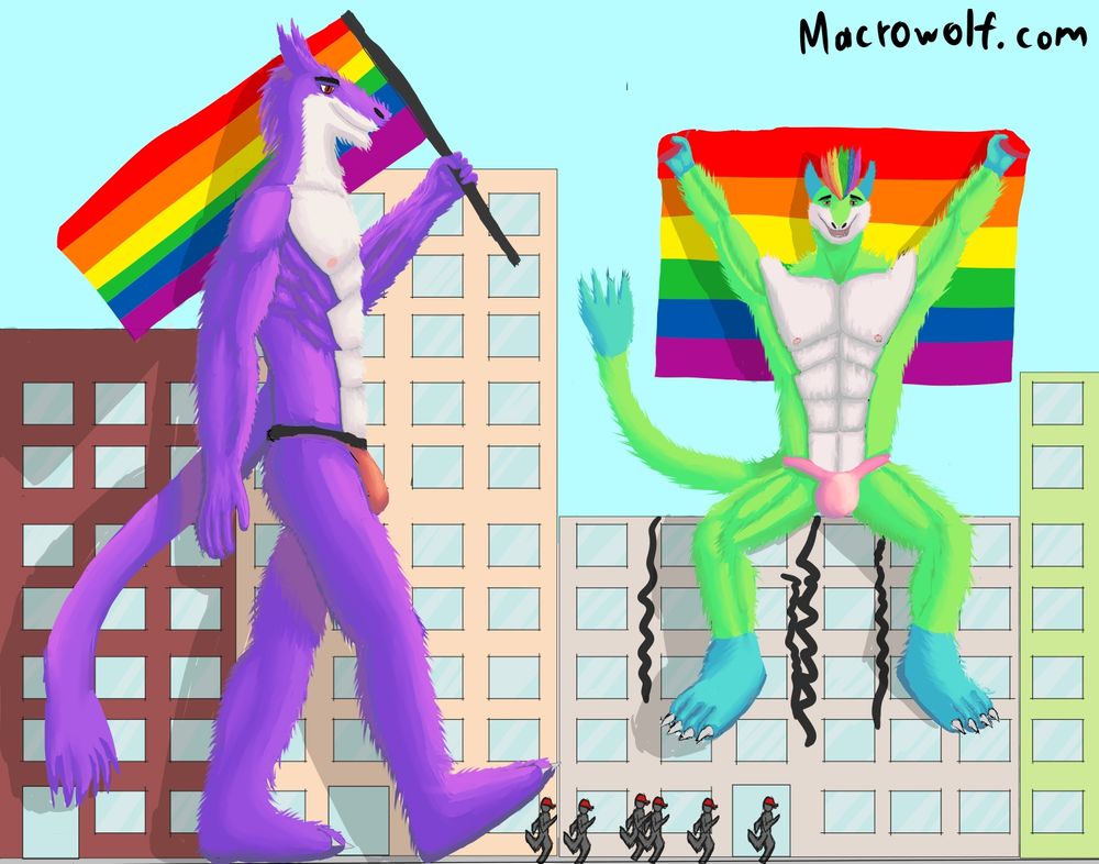 Giant sergals celebrating pride while stomping homophobes.