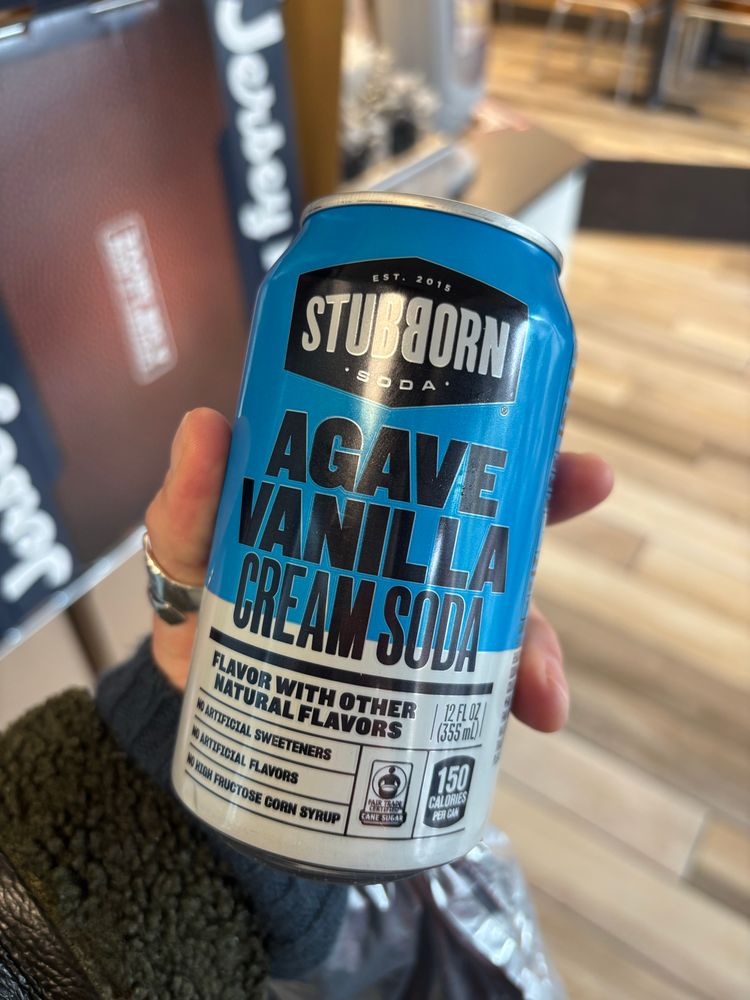 cream soda can with the flavor name “AGAVE VANILLA” in big bold letters