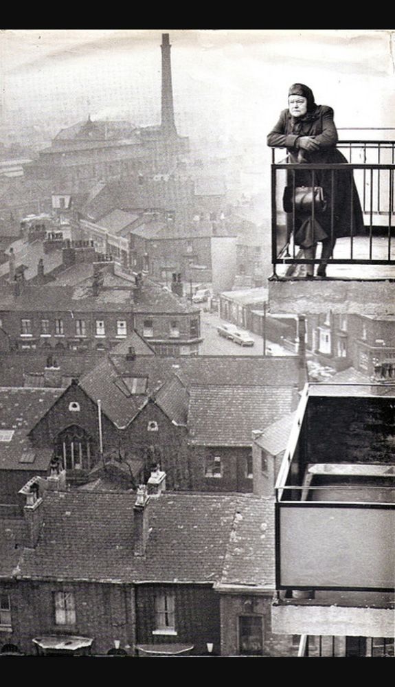 Ena Sharples looking over the early 60s industrial landscape of Manchester/Salford (Weatherfield)