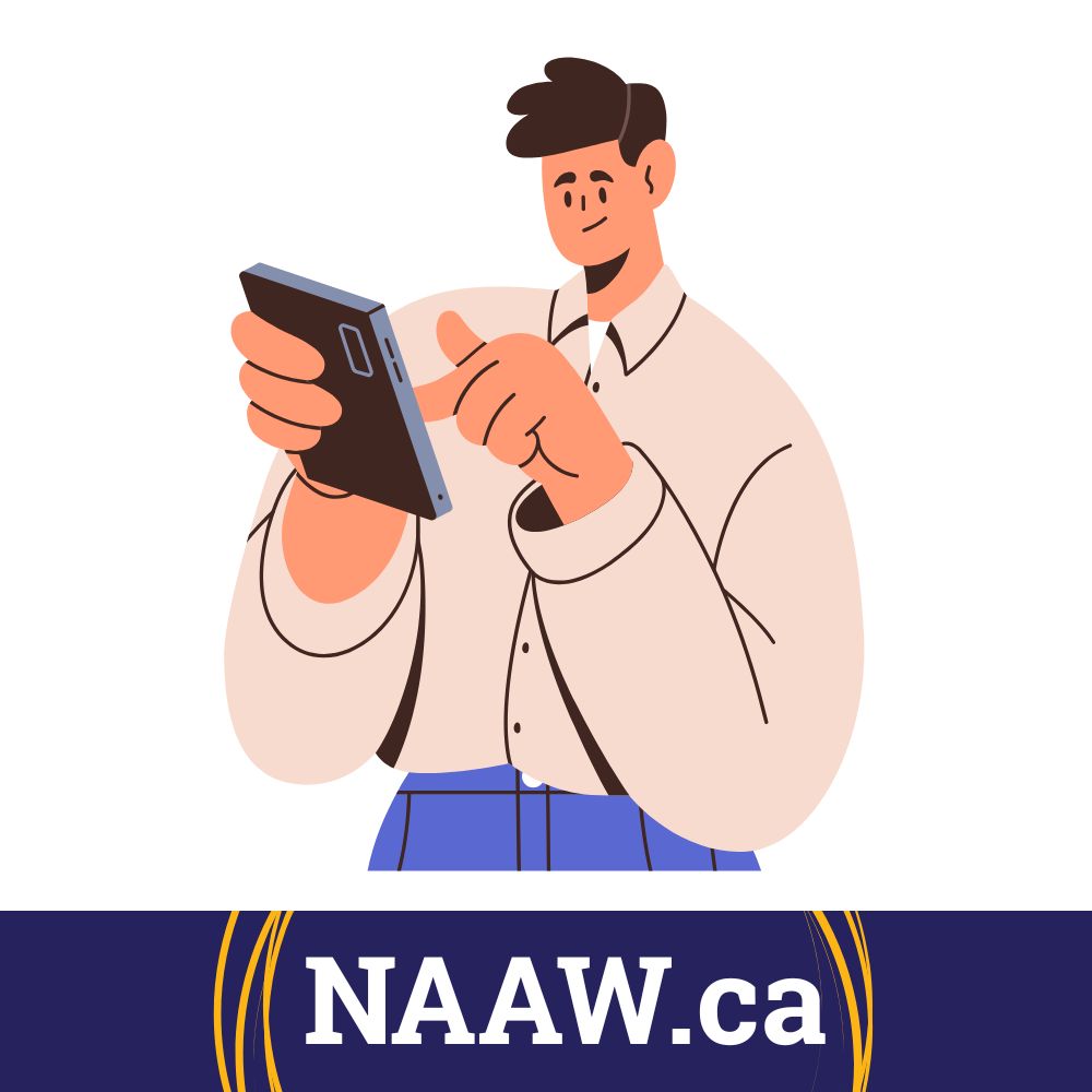 a cartoon graphic of a person using a tablet. The words NAAW.ca.