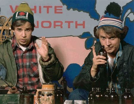 Bob and Doug McKenzie, drinking some beer, while likely calling each other a Hoser.
