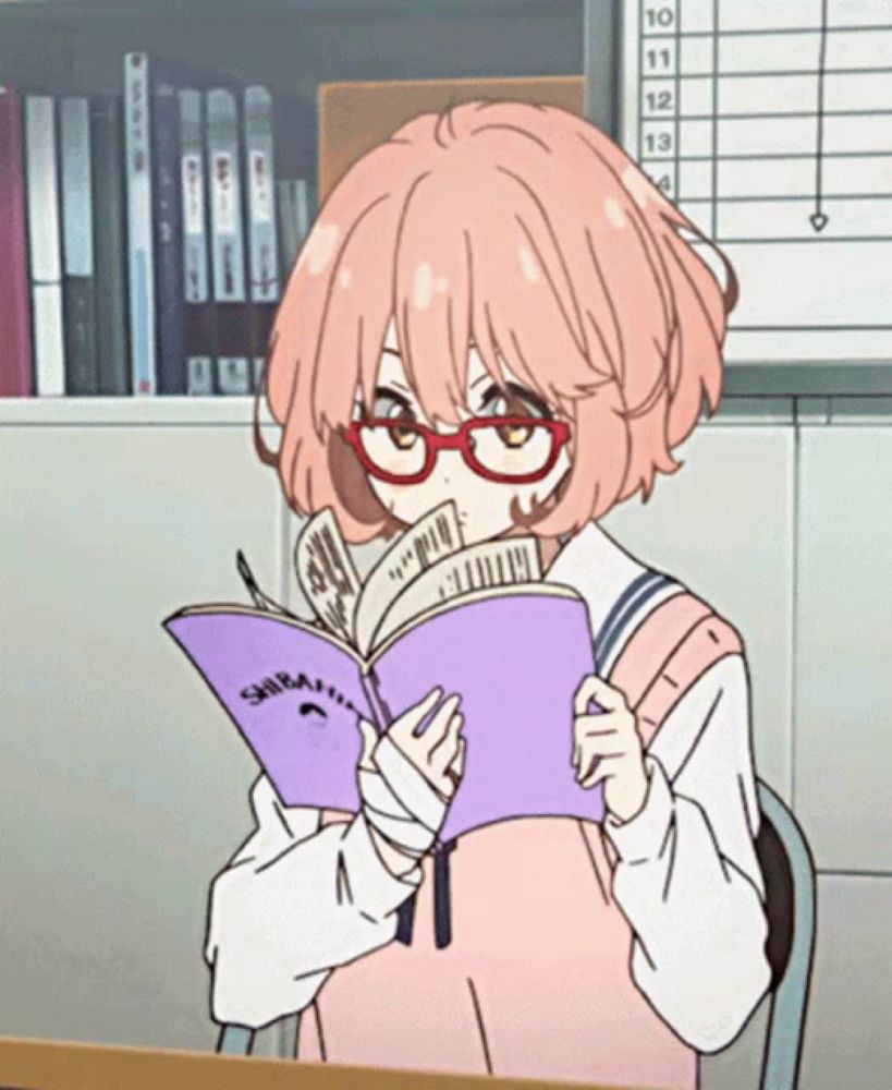 a girl wearing glasses is reading a book with the word shiba on the cover