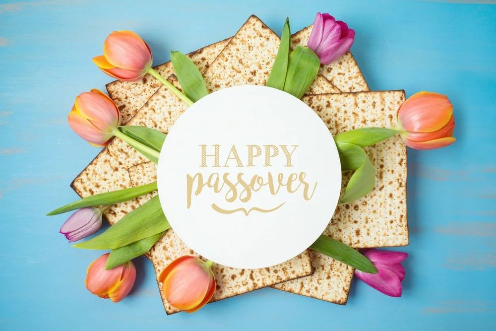 Happy Passover message with Matzo Crackers and Tulips