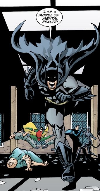 Panel of batman(?) Running while yelling "I am a model of mental health" 