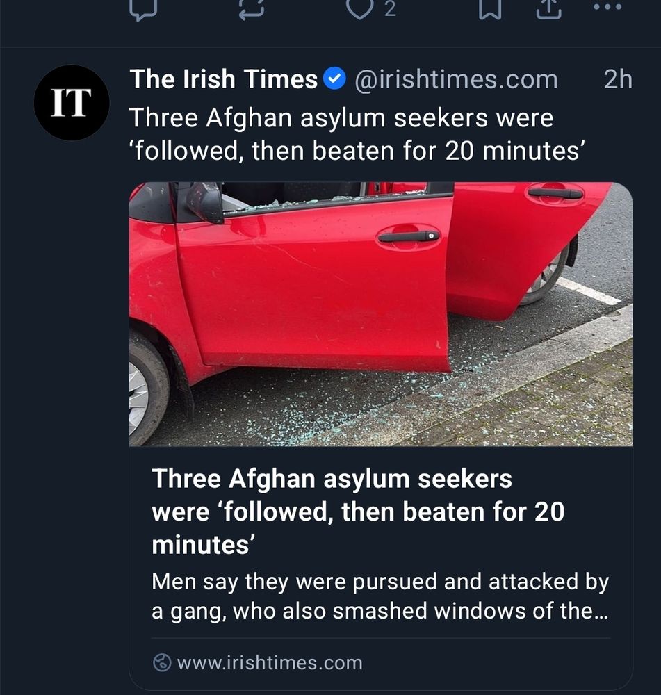 Screenshot of an Irish Times skeet linking to its coverage of the assault of Afghan asylum seekers in Dublin