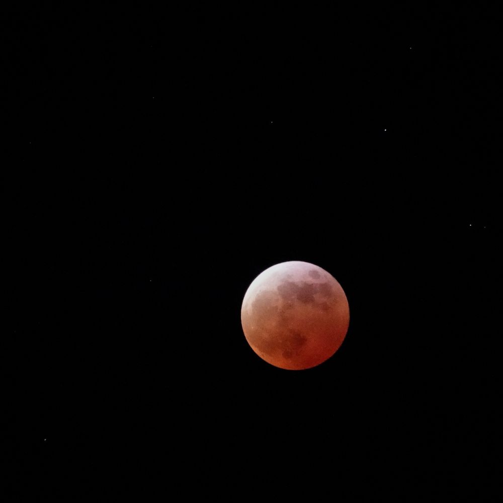 Worm Blood Moon eclipse: a red moon with one whitish edge on the deep black background of the night sky.