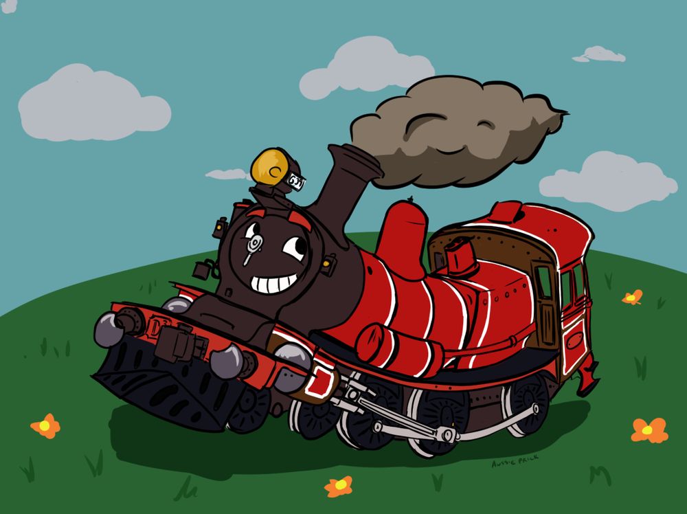 picture of a very happy cartoon steam train in red flopping about in a field