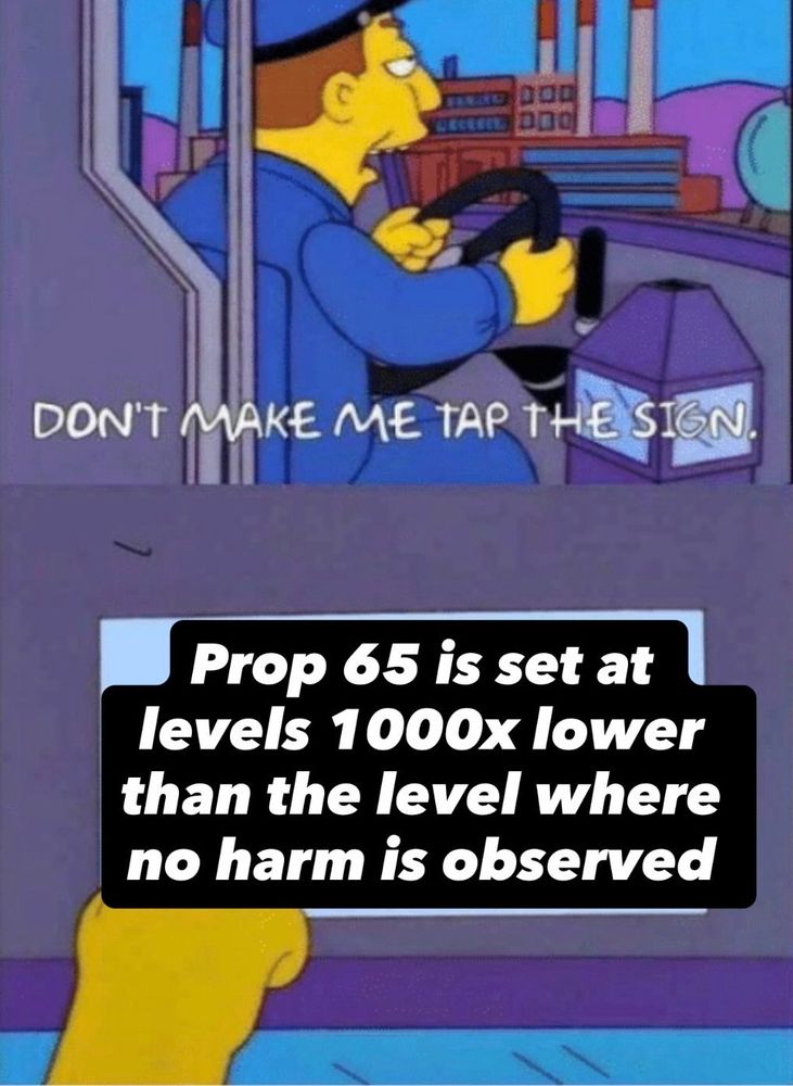 Meme using the Simpsons “don’t make me tap the sign” but the bottom says “Prop 65 is set at levels 1000 times lower than the level where no harm is observed.”