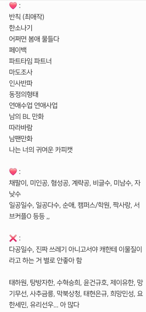 취향표

❤️ :
반칙 (최애작) 
한소나기
어쩌면 봄애 물들다
페이백
파트타임 파트너
마도조사
인사반파
동정의형태
연애수업 연애사업
남의 BL 만화
따라바람
남팬만화 
나는 너의 귀여운 카피캣 

❤️ :
채팔이, 미인공, 혐성공, 계략공, 비글수, 미남수, 자낮수
일공일수, 일공다수, 순애, 캠퍼스/학원, 짝사랑, 서브커플O 등등 ,,

❌️ :
다공일수, 진짜 쓰레기 아니고서야 캐한테 이물질이라고 하는 거 별로 안좋아 함 

태하원, 탕방자한, 수혁승희, 윤건규호, 제이유한, 망기무선, 사추금릉, 막북상청, 태현은규, 희망민성, 요한세민, 유리선우... 아 많다 
