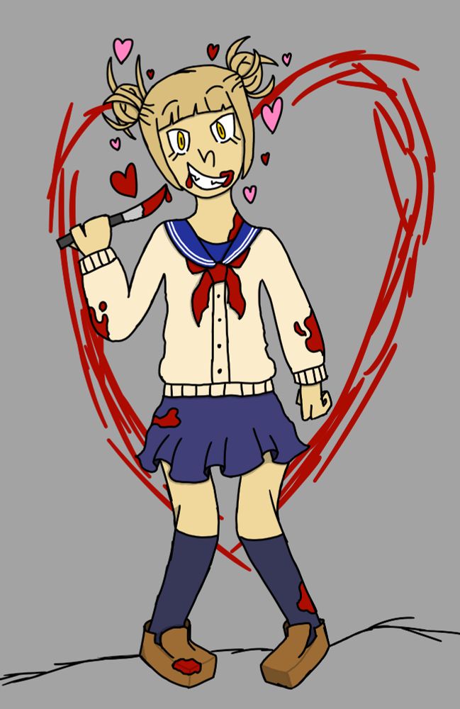 The same sketch, now colored and outlined digitally, with blood around her mouth and all over her knife and clothes. There are pink and red hearts floating around her head. There is also a Heart drawn in blood on the wall behind her. She is wearing a school uniform with a pale sweatshirt, a light blue skirt, knee-high socks, brown shoes, and a red necktie. She is also holding a knife.