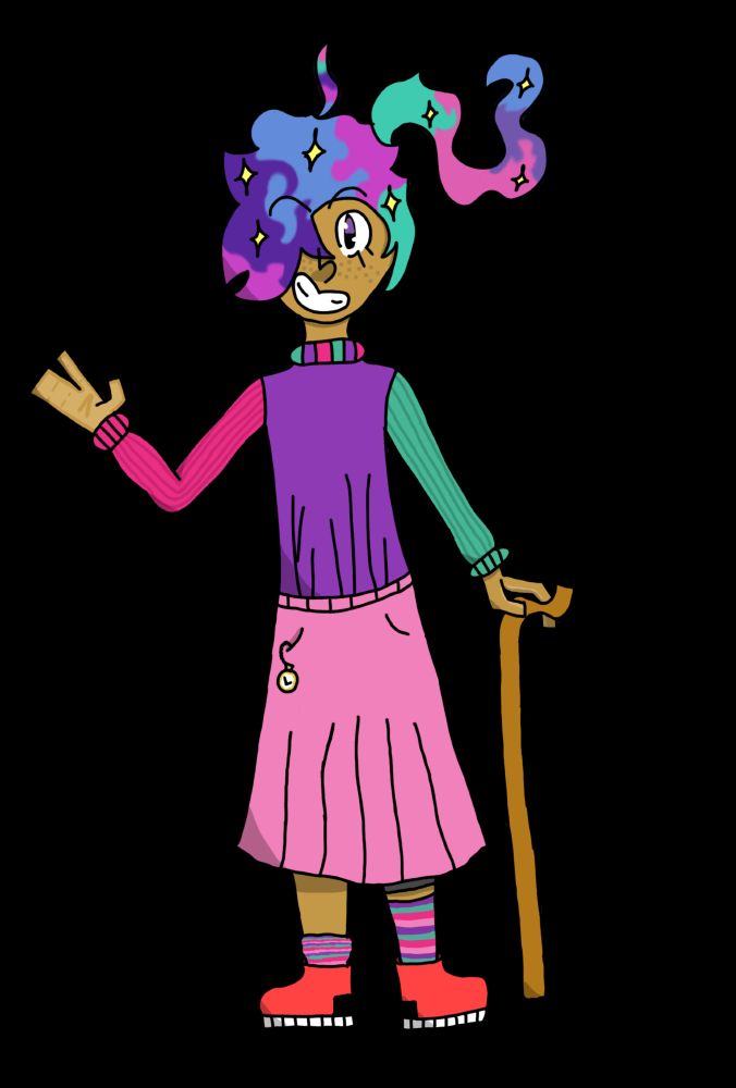 A girl named Alexia Goodwill dressed in a multicolor outfit, her hair seemingly defying gravity, she is holding a cane to help her leg, which we can see a knee brace peeking out from under her skirt, there is also a pocket watch hanging out of her pocket.