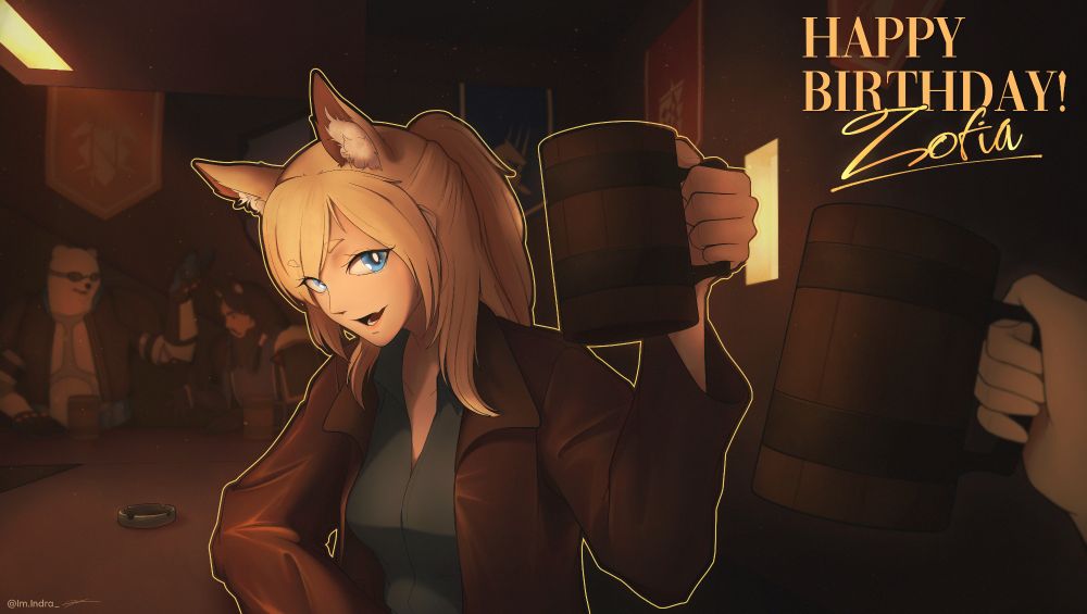 A character from Arknights, Zofia "Whislash" doing a toast in a bar towards the viewer with golden yellow border around her, with the text saying "Happy Birthday! Zofia" on the top right. The illustration is drawn as if the viewer is toasting her. The viewpoint is set from the shoulder of the viewer. There's also Kowal and V (vogelweide) drawn in the background, arguing about something.
