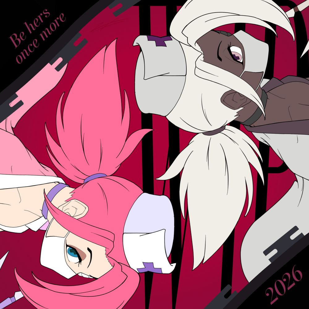 Teaser image for the artist's in-progress Skullgirls Valentine Day 2026 art. Featuring 2 Valentine color variant, color 28 (Nurse joy from Pokémon) and color 20 (Shinobu from No More Heroes). The image has the caption "Be hers once more" on top left, and the year "2026" on bottom right.