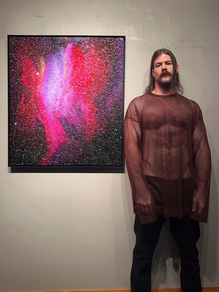 “Lust and Blush” 32in x 36in (Available) Crushed glass, paint, resin, wood board. Metal frame. 