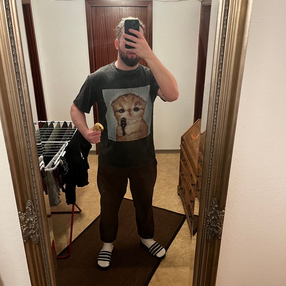alois spiegelselfie mit neuem Shirt „babykatze mit Knarre“ alois hält eine bananenpistole