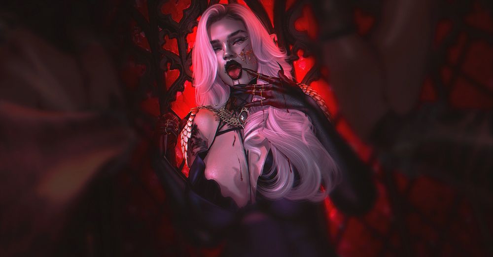 Pictured; A shot of a man seemingly loosing conciousness/vision going blurry. At the center is a second life avatar of a vampire woman with blood dripping down her chin, hands, and chest.