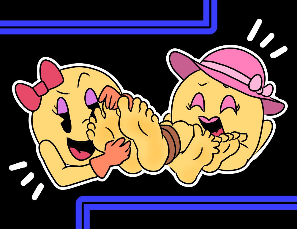 ms. pac man tickling "pac mom", which is who bandai namco has been using instead of ms. pac man because they no longer own the rights