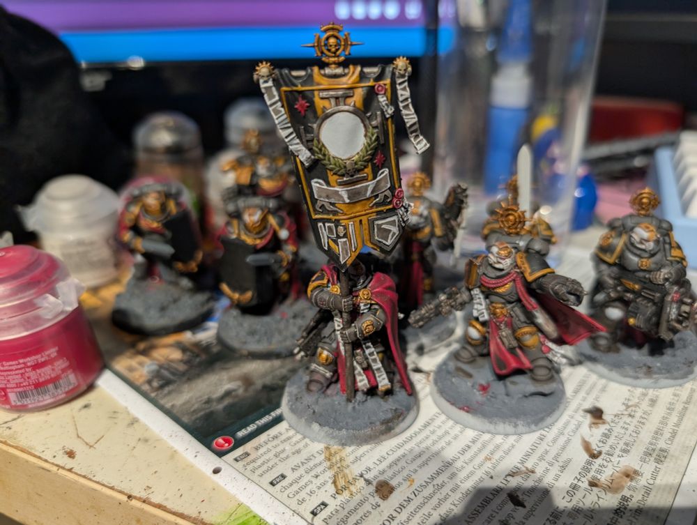 Work in Progress image of Warhammer Space Marine Company Heroes and Marneus Calgar with Victrix Honour guard, painted as Red Scorpions.