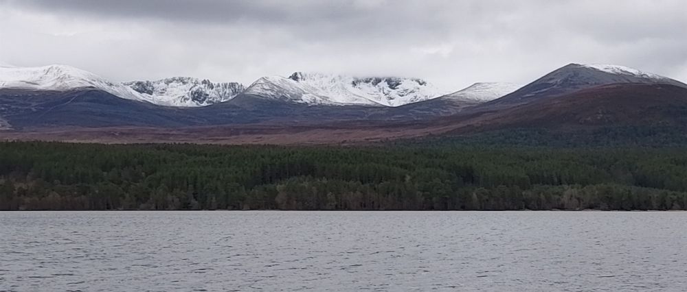 A blustery sky over snow topped mountains, a verdant forest and a choppy loch.   