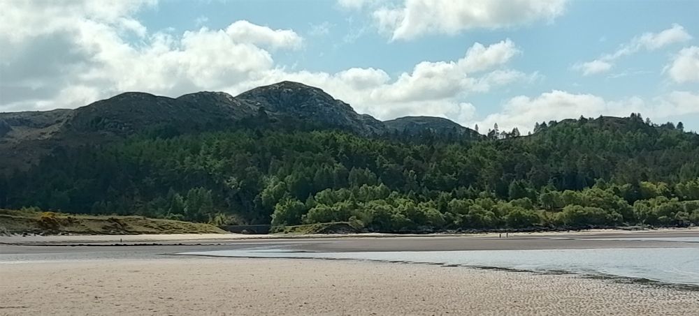 A blue sky with fluffy white clouds.  A mountain in the background fading into a forest which trails away as it approaches a white sand beach with gentle lapping waves. 