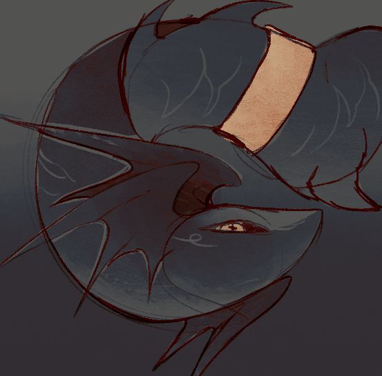 a digital sketch of a dragon with head wings from the neck up. it is long and twisted into a curve. it is wearing a cream collar that matches its eyes. the piece has a subtle bluegrey and warm grey gradient. 