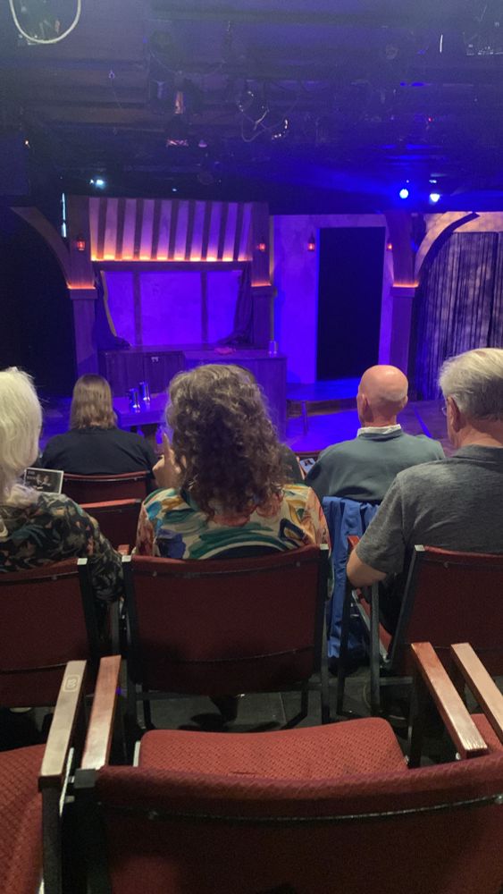 A small theatre interior with red seats facing a softly lit stage framed by rustic wood arches and purple lighting. Several audience members sit waiting for the show to begin, chatting quietly as stage lights cast a warm glow.