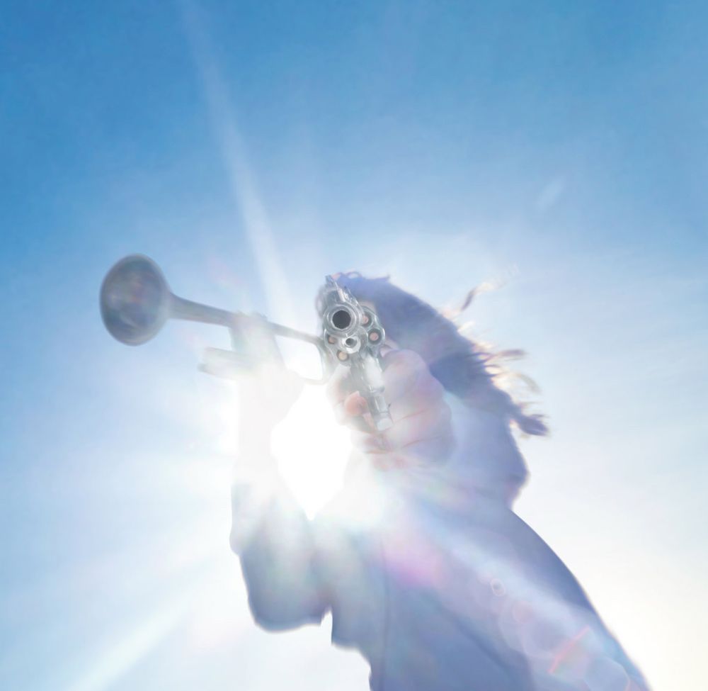 Geese - Getting Killed

A bright, surreal photo of a person silhouetted against strong sunlight, aiming a hybrid object that combines a revolver with a trumpet bell, set against a clear blue sky.