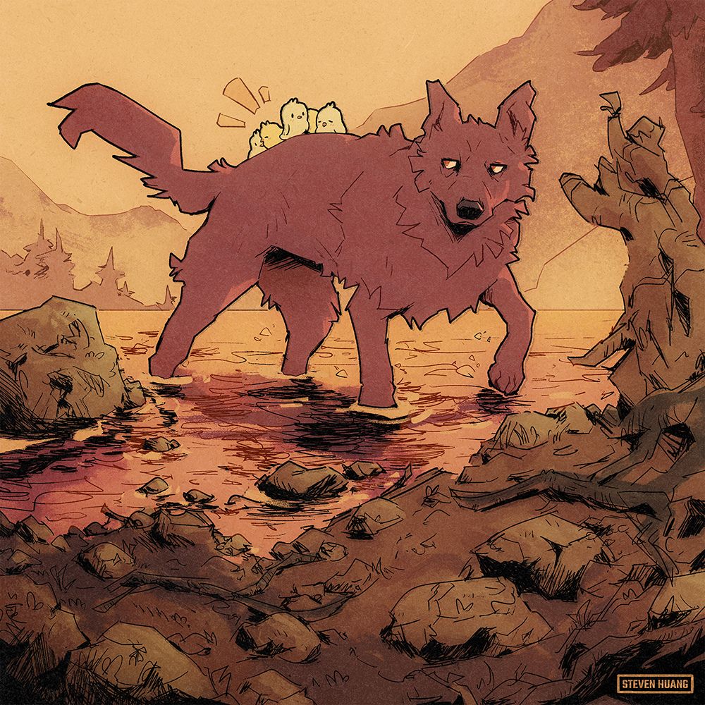 An evening scene at a lake. A wolf carries a group of baby chicks on its back.