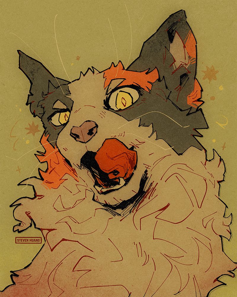 An illustrated portrait of a calico cat licking its lips.