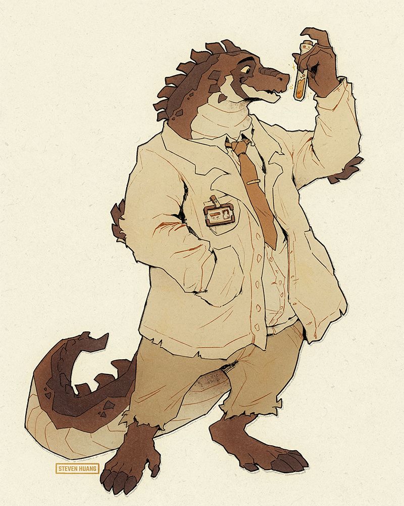 A lizard scientist inspecting a vial in his hand.