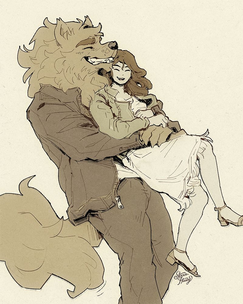 Character art. A werewolf hugging a shorter human woman, both in delight.